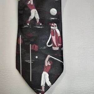 Vintage Wembley‎ Golf Neck Tie Black Burgundy Golfer Golf Course 58" USA Made